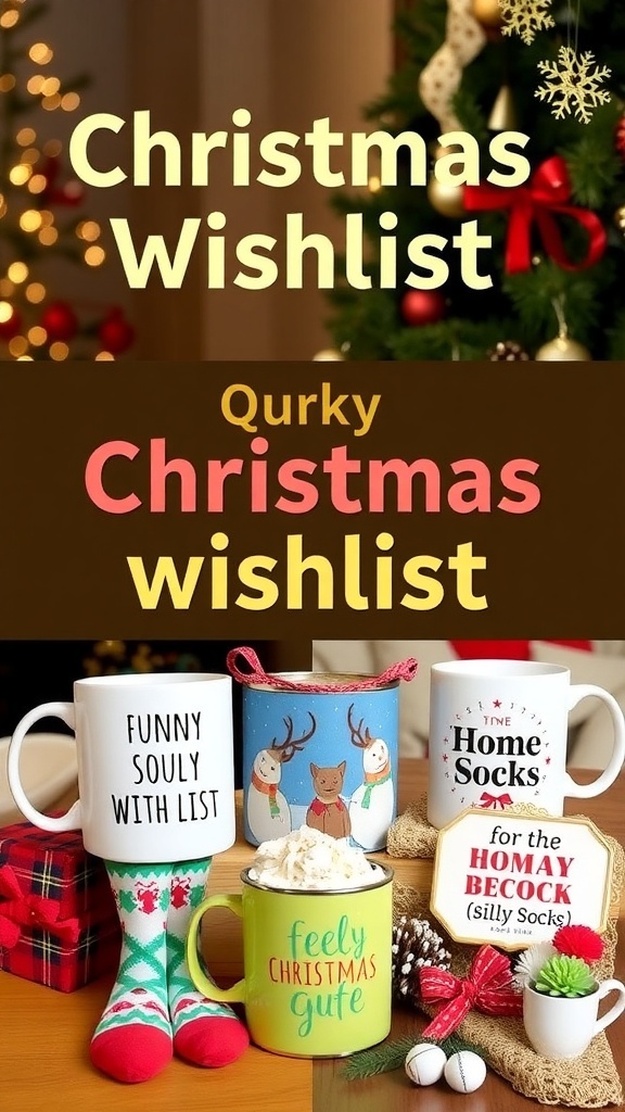 Quirky Christmas Wishlist Ideas A collage of unique and quirky Christmas wishlist items including mugs, socks, and decor, set against a festive background.